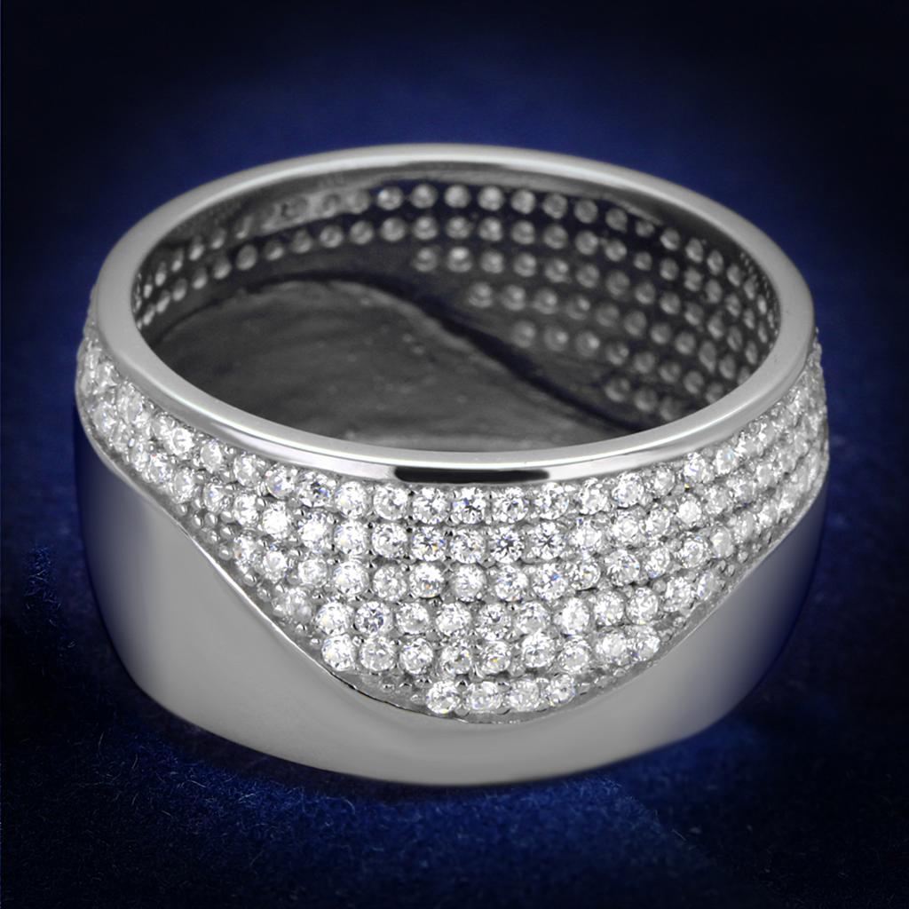 TS378 Rhodium 925 Sterling Silver Ring featuring a clear AAA Grade CZ stone, showcasing its elegant design and high-quality finish.