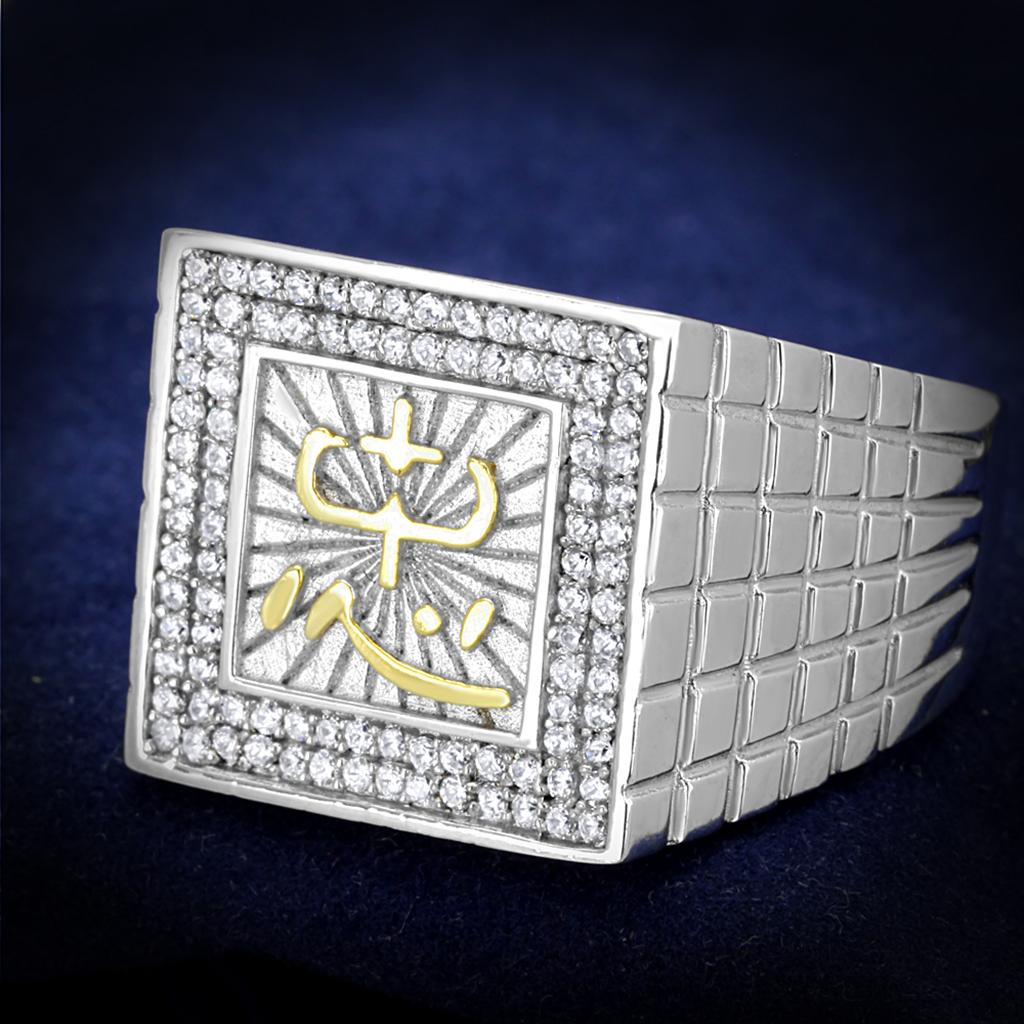 TS389 Gold and Rhodium 925 Sterling Silver Ring featuring a clear AAA Grade CZ stone, showcasing its elegant design and luxurious finish.