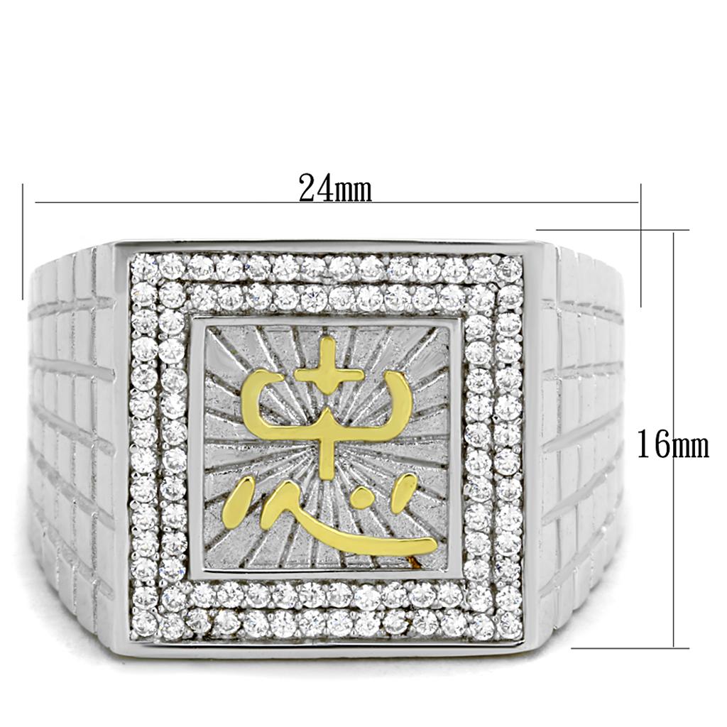 TS389 Gold and Rhodium 925 Sterling Silver Ring featuring a clear AAA Grade CZ stone, showcasing its elegant design and luxurious finish.