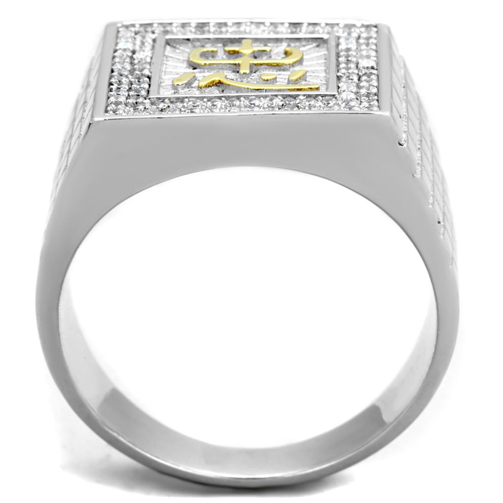 TS389 Gold and Rhodium 925 Sterling Silver Ring featuring a clear AAA Grade CZ stone, showcasing its elegant design and luxurious finish.