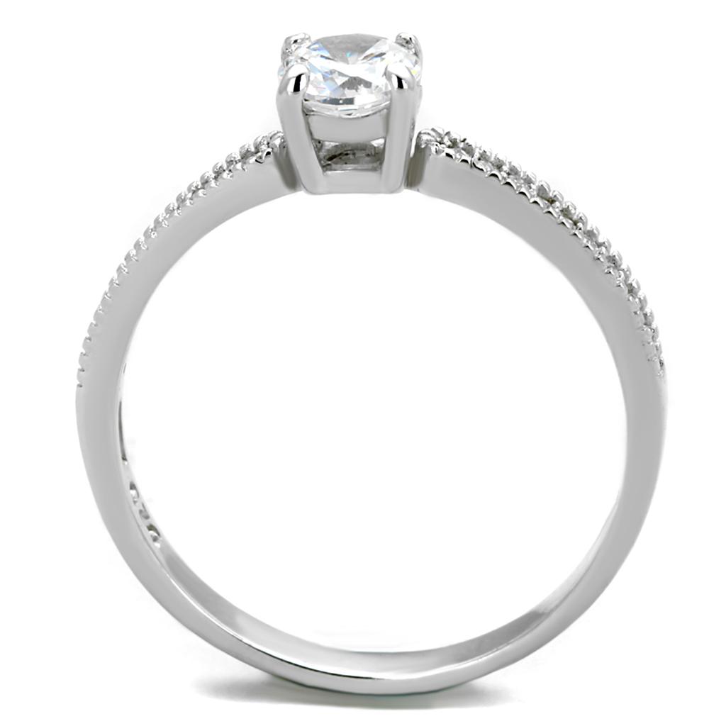 TS401 Rhodium 925 Sterling Silver Ring featuring a clear AAA Grade CZ stone, showcasing its elegant design and shiny finish.