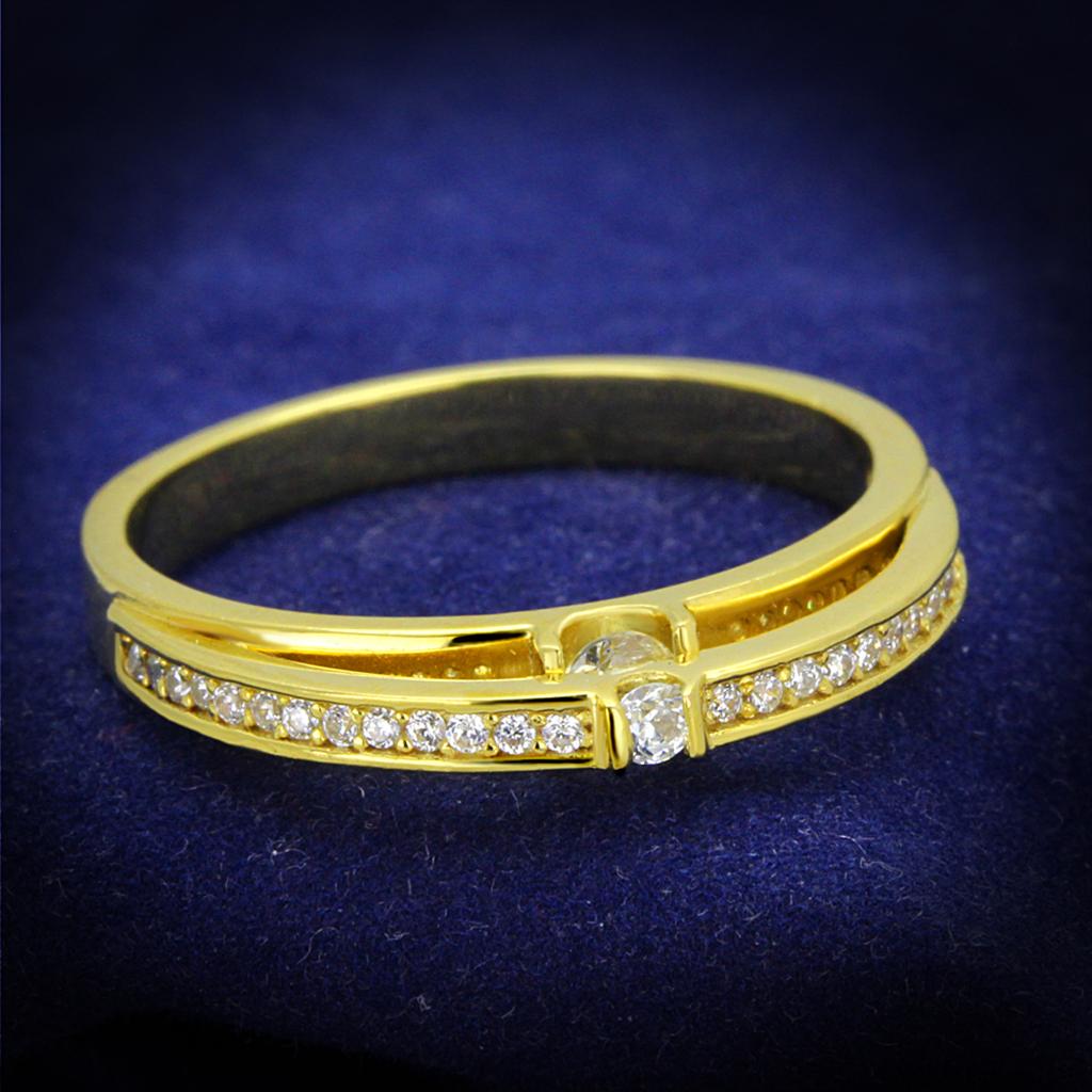 TS403 Gold 925 Sterling Silver Ring featuring a clear AAA Grade CZ stone, showcasing a luxurious gold finish.