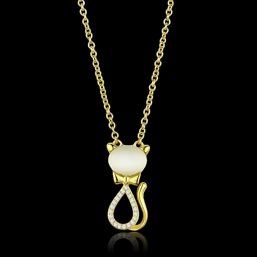 TS409 Gold 925 Sterling Silver Chain Pendant featuring a white synthetic Cat Eye stone, elegantly designed with a luxurious gold finish.