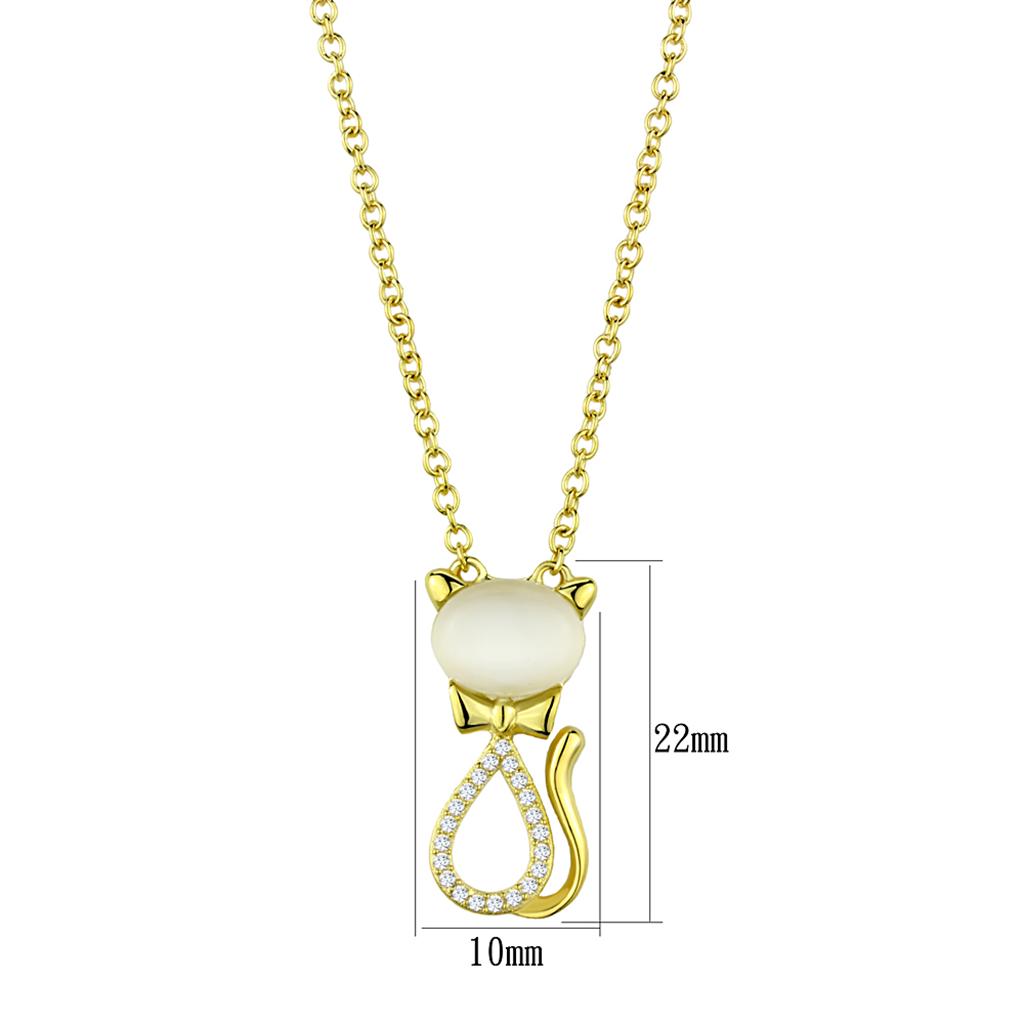 TS409 Gold 925 Sterling Silver Chain Pendant featuring a white synthetic Cat Eye stone, elegantly designed with a luxurious gold finish.