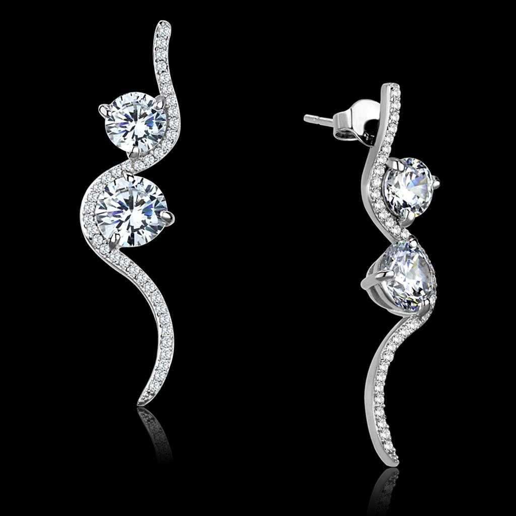 TS441 Rhodium 925 Sterling Silver Earrings featuring AAA Grade clear CZ stones, showcasing their elegant design and shine.