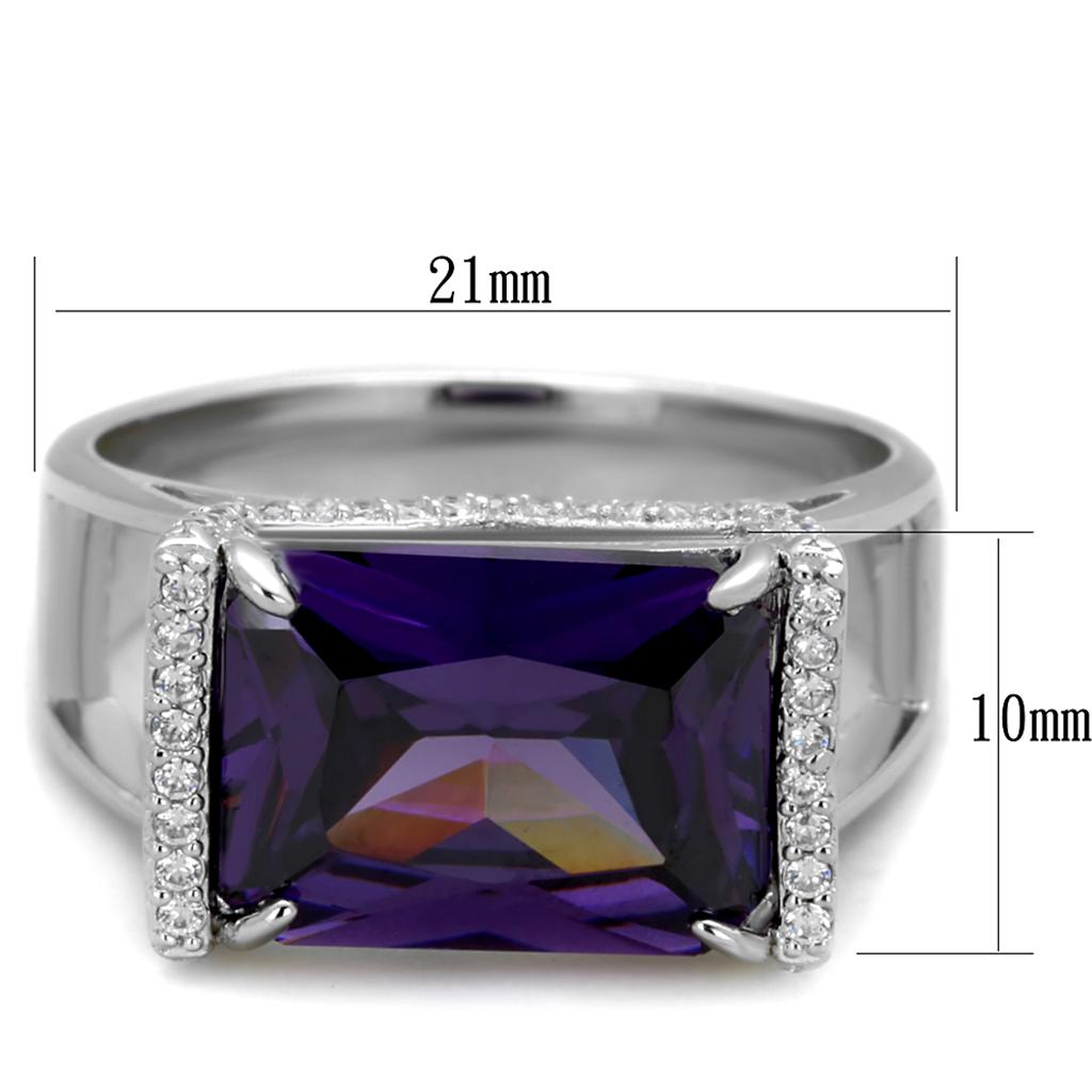 TS417 Rhodium 925 Sterling Silver Ring featuring an AAA Grade CZ center stone in Amethyst color, showcasing its elegant design and shine.
