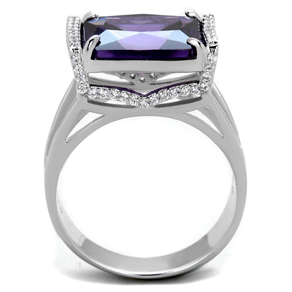 TS417 Rhodium 925 Sterling Silver Ring featuring an AAA Grade CZ center stone in Amethyst color, showcasing its elegant design and shine.
