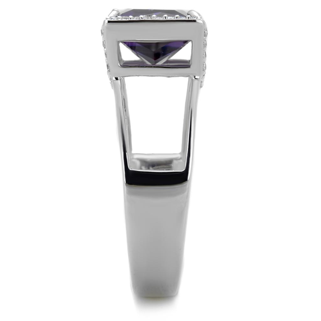 TS417 Rhodium 925 Sterling Silver Ring featuring an AAA Grade CZ center stone in Amethyst color, showcasing its elegant design and shine.