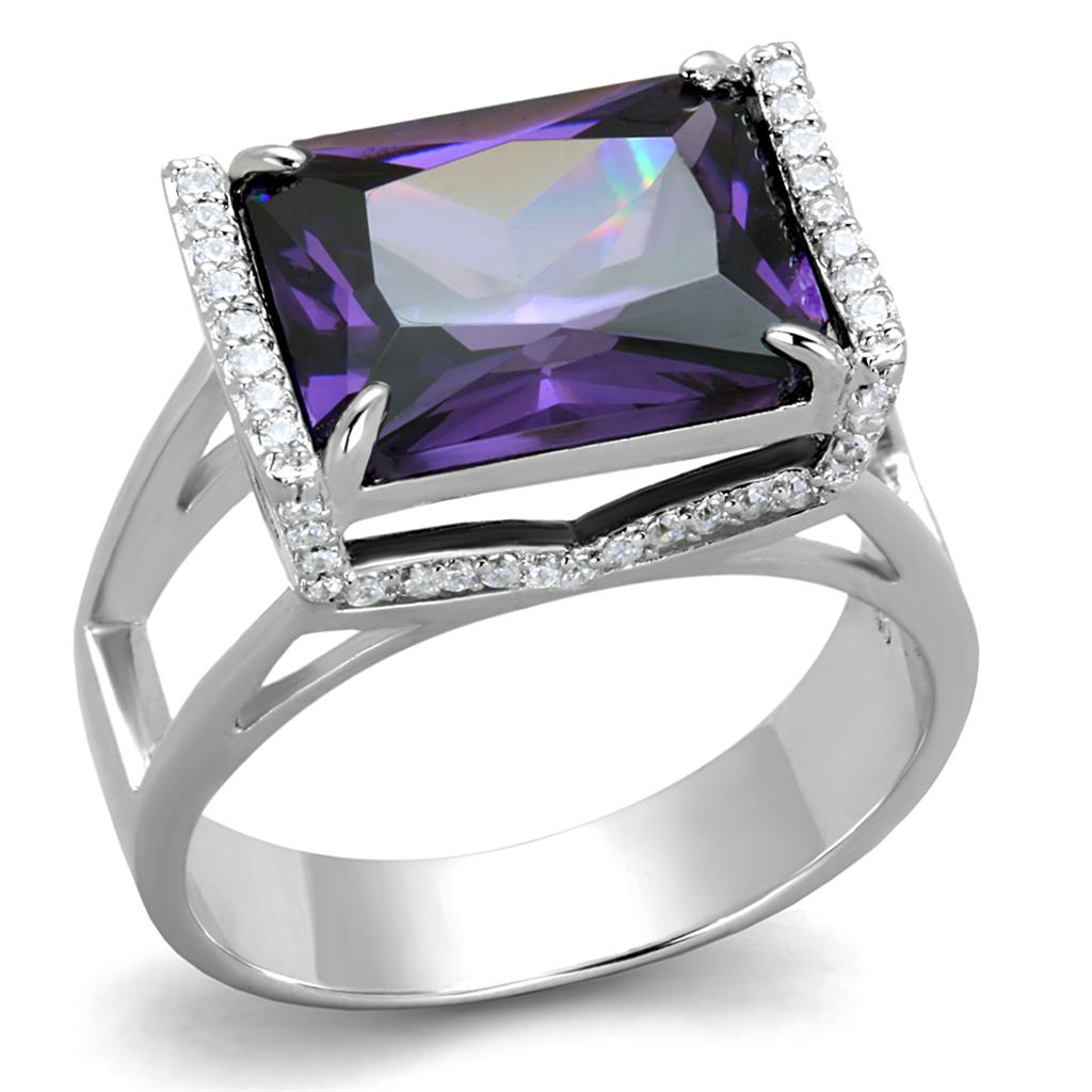 TS417 Rhodium 925 Sterling Silver Ring featuring an AAA Grade CZ center stone in Amethyst color, showcasing its elegant design and shine.