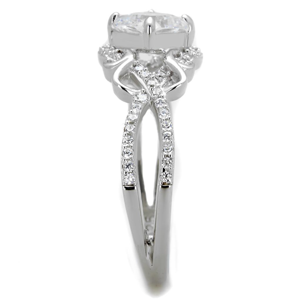 TS421 Rhodium 925 Sterling Silver Ring featuring a clear AAA Grade CZ stone, showcasing its elegant design and shiny finish.