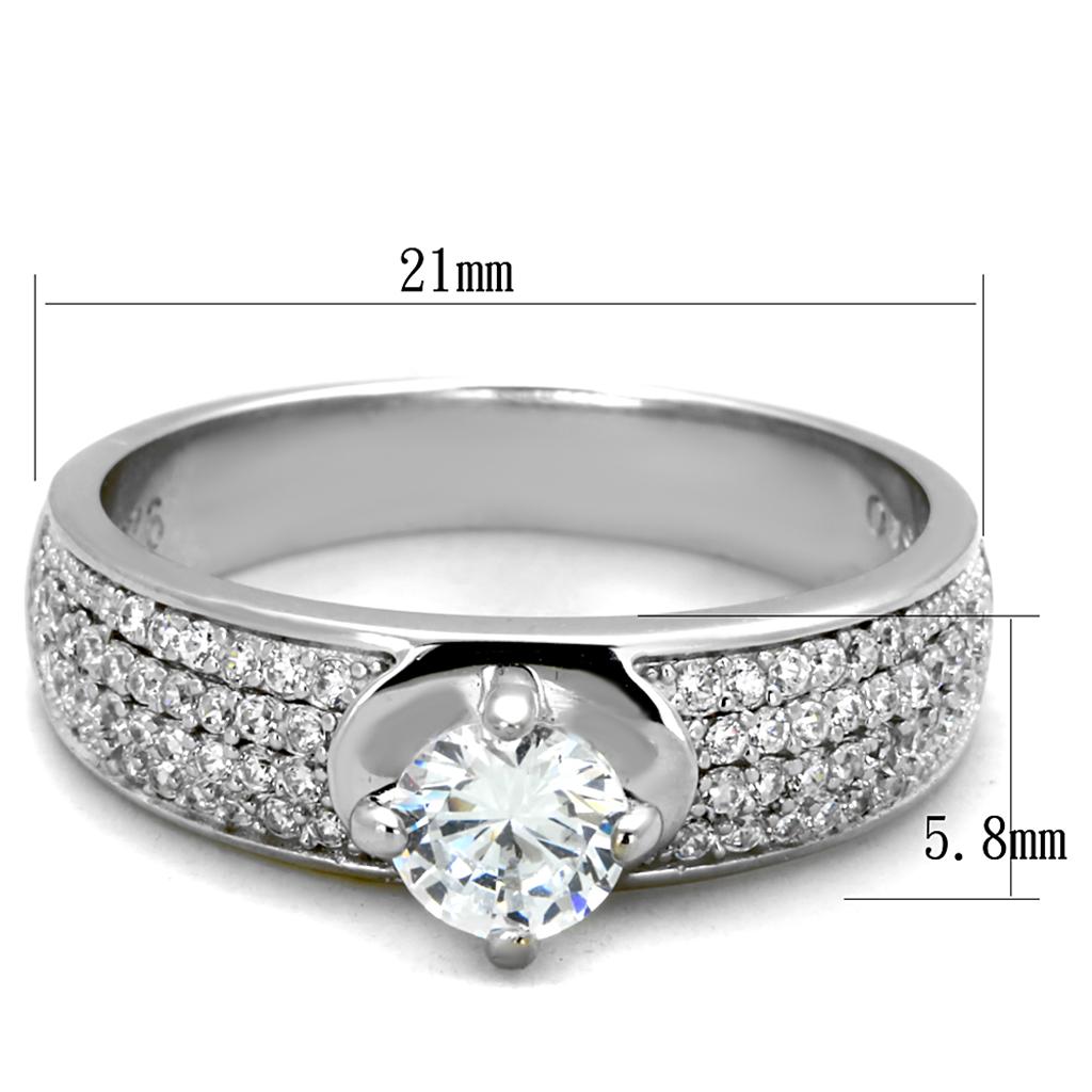 TS428 Rhodium 925 Sterling Silver Ring featuring a clear AAA Grade CZ stone, showcasing its elegant design and high-quality materials.