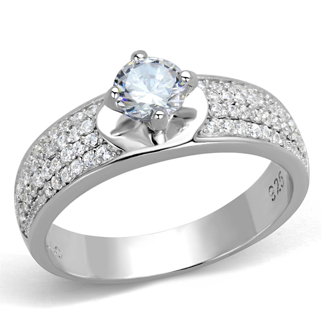 TS428 Rhodium 925 Sterling Silver Ring featuring a clear AAA Grade CZ stone, showcasing its elegant design and high-quality materials.