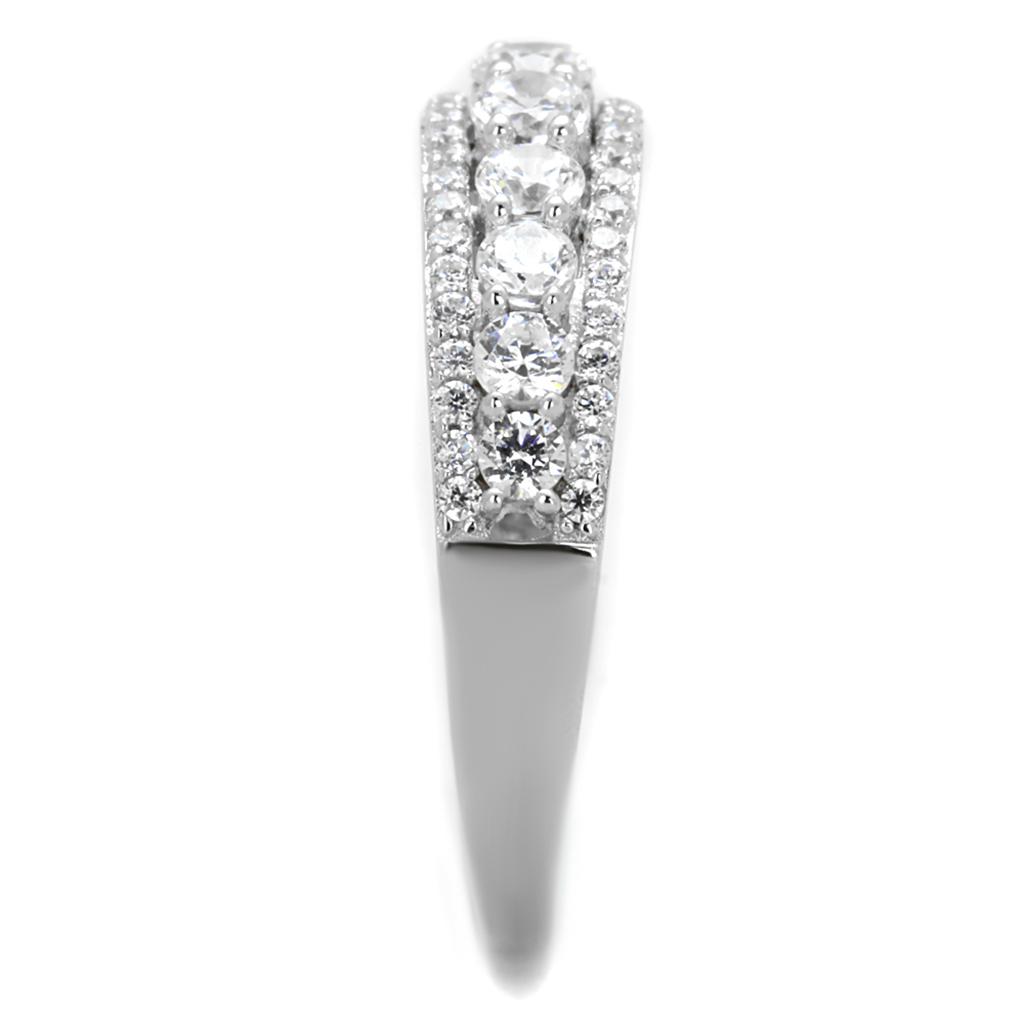TS429 Rhodium 925 Sterling Silver Ring featuring a clear AAA Grade CZ stone, showcasing its elegant design and high-quality finish.