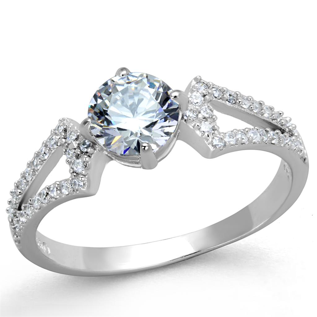 TS430 Rhodium 925 Sterling Silver Ring featuring AAA Grade Clear CZ stone, showcasing its elegant design and shine.
