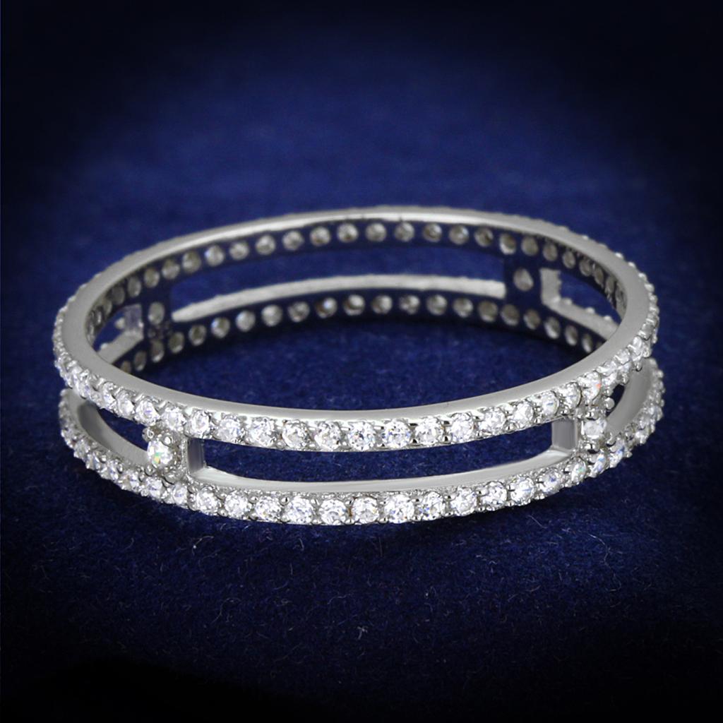 TS434 Rhodium 925 Sterling Silver Ring featuring a clear AAA Grade CZ stone, showcasing its elegant design and high-quality finish.