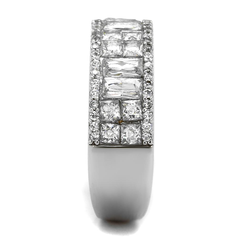 TS460 Rhodium 925 Sterling Silver Ring featuring a clear AAA Grade CZ stone, showcasing its elegant design and shiny finish.