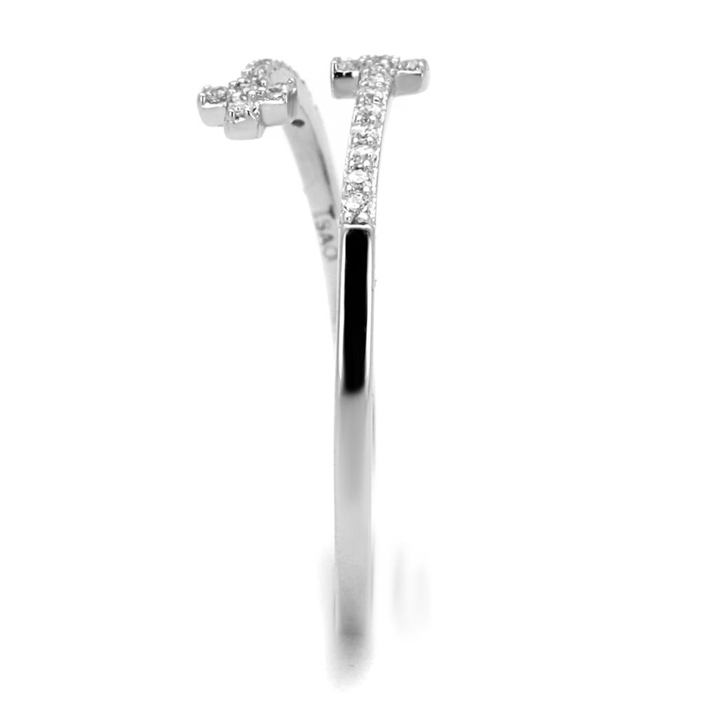 TS463 Rhodium 925 Sterling Silver Ring featuring a clear AAA Grade CZ stone, showcasing its elegant design and shiny finish.