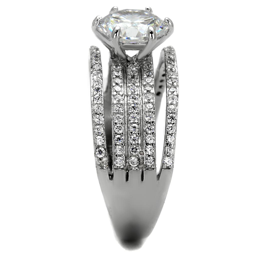 TS473 Rhodium 925 Sterling Silver Ring featuring a clear AAA Grade CZ stone, showcasing its elegant design and shiny finish.
