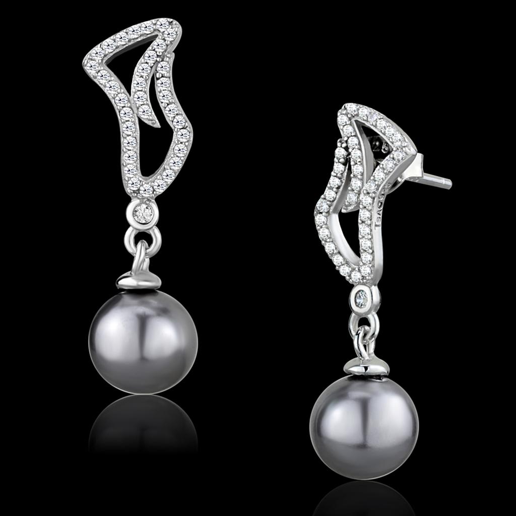 TS479 Rhodium 925 Sterling Silver Earrings featuring a synthetic gray pearl, showcasing elegance and craftsmanship.