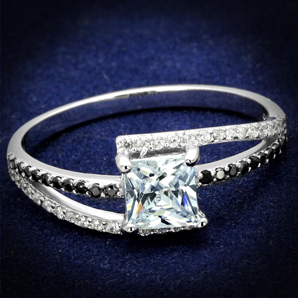 TS488 Rhodium 925 Sterling Silver Ring featuring a clear AAA Grade CZ stone, showcasing its elegant design and shiny finish.