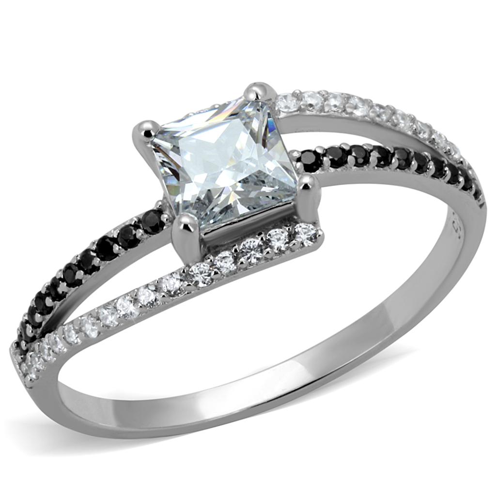 TS488 Rhodium 925 Sterling Silver Ring featuring a clear AAA Grade CZ stone, showcasing its elegant design and shiny finish.