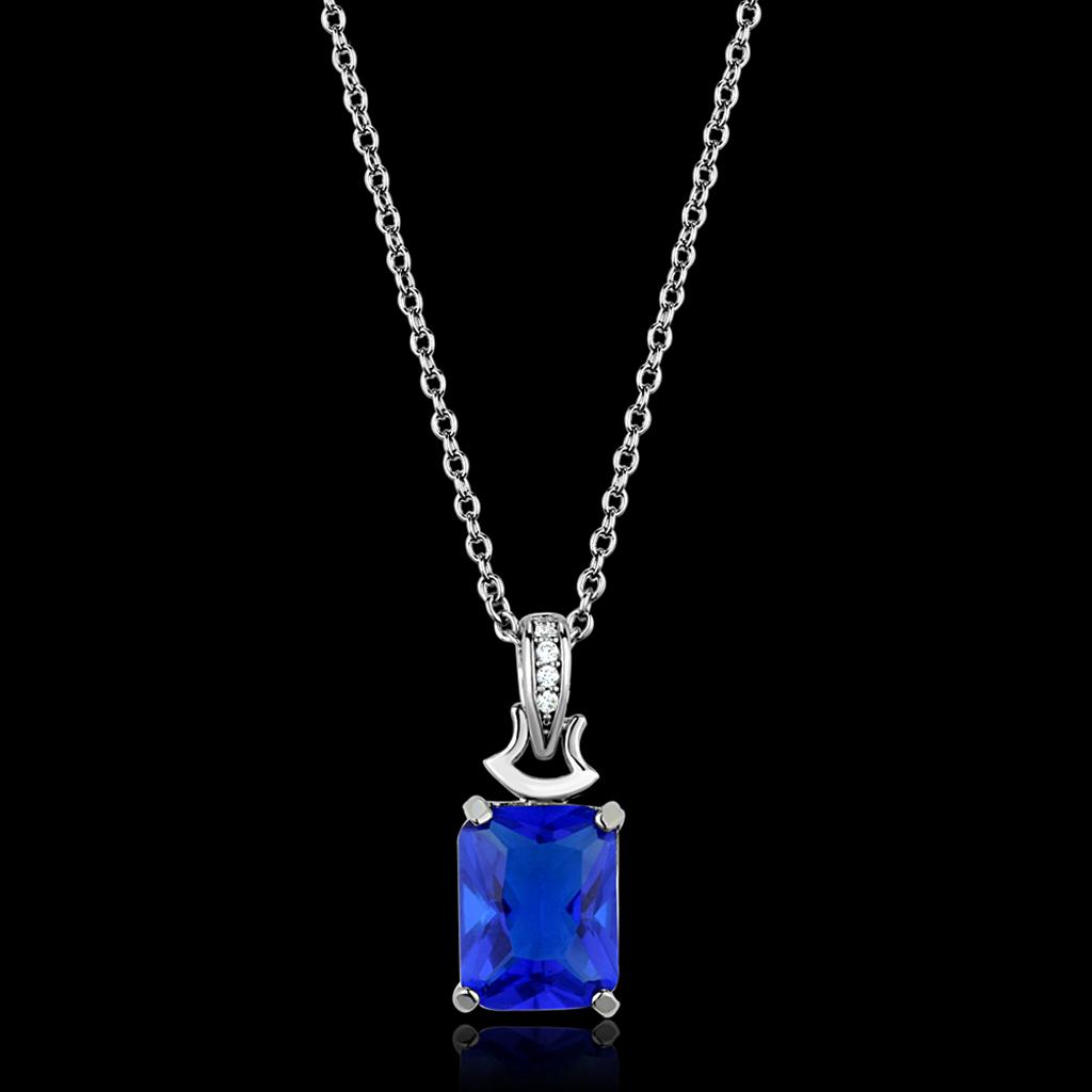 TS449 Rhodium 925 Sterling Silver Chain Pendant featuring a Montana synthetic glass stone, showcasing a sleek and elegant design.