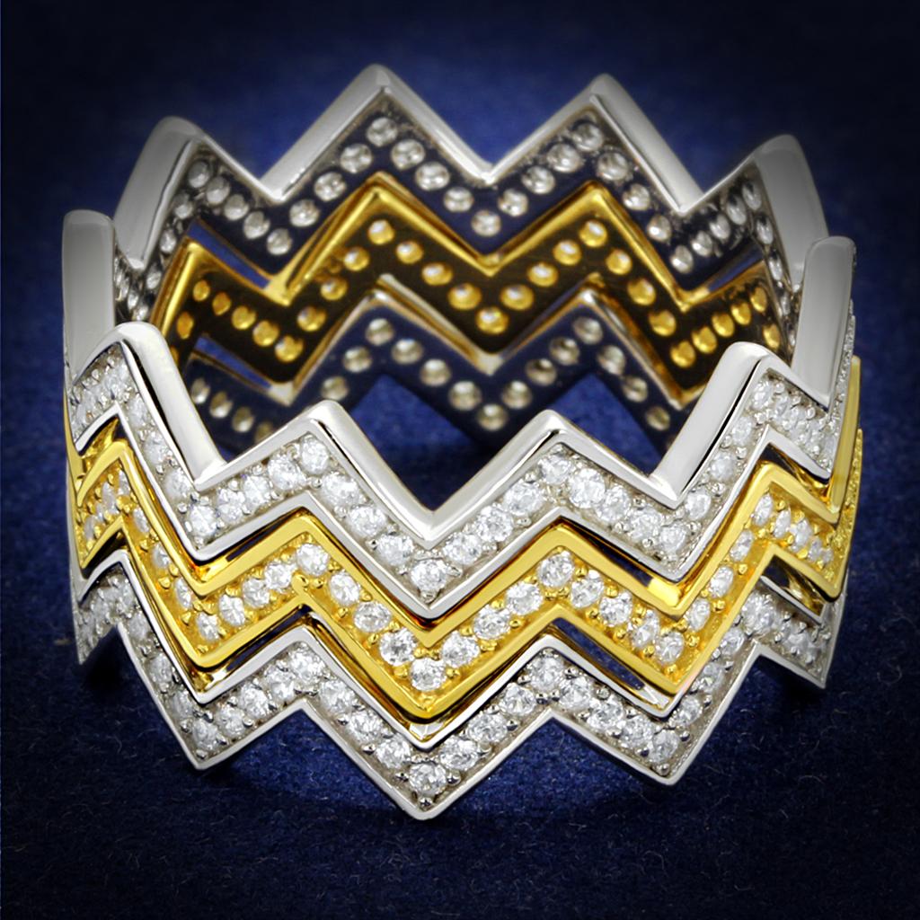 TS492 Gold and Rhodium 925 Sterling Silver Ring featuring a clear AAA Grade CZ stone, showcasing elegance and craftsmanship.