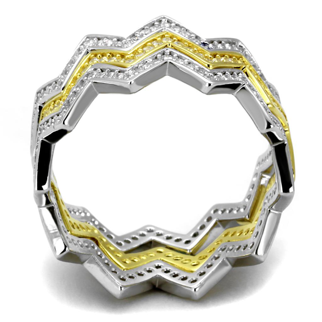 TS492 Gold and Rhodium 925 Sterling Silver Ring featuring a clear AAA Grade CZ stone, showcasing elegance and craftsmanship.