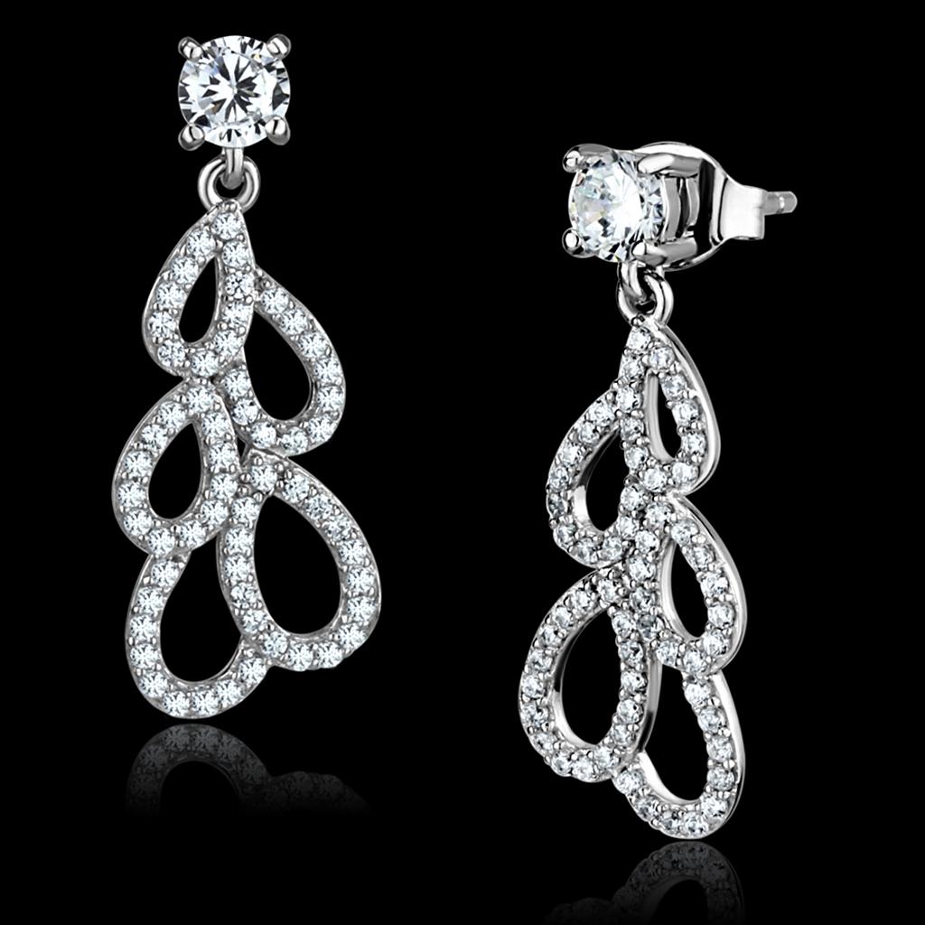 TS496 Rhodium 925 Sterling Silver Earrings featuring AAA Grade clear CZ stones, elegantly designed for a luxurious look.
