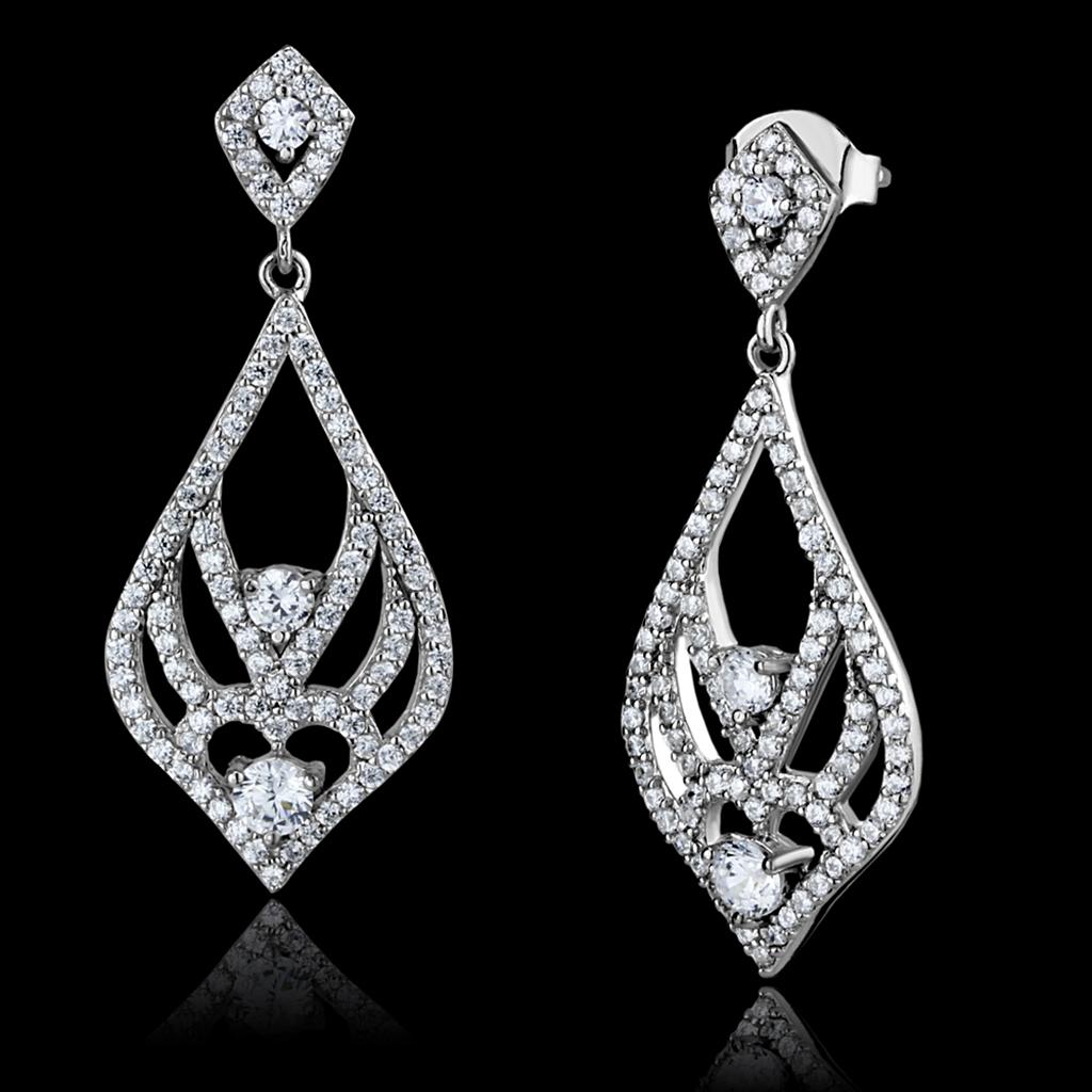 TS497 Rhodium 925 Sterling Silver Earrings featuring AAA Grade clear CZ stones, showcasing a luxurious and elegant design.