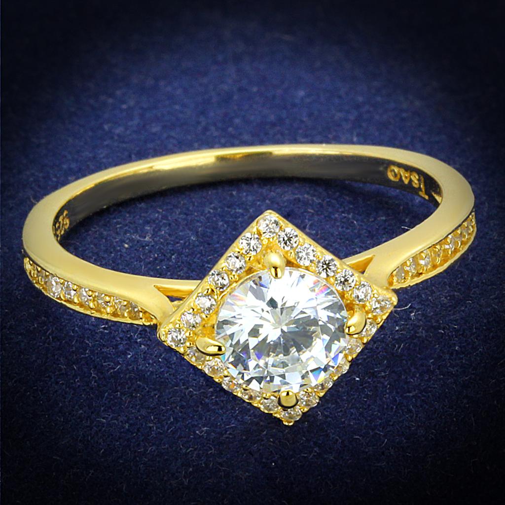 TS500 Gold 925 Sterling Silver Ring featuring a clear AAA Grade CZ stone, elegantly designed for a luxurious look.