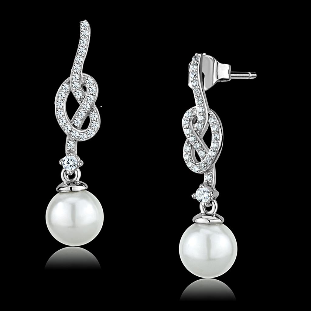 TS506 Rhodium 925 Sterling Silver Earrings featuring a white synthetic glass bead, showcasing elegance and craftsmanship.
