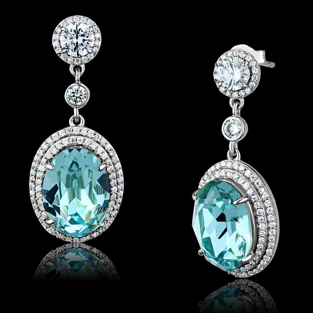 TS508 Rhodium 925 Sterling Silver Earrings featuring sea blue top grade crystals, elegantly designed for any occasion.