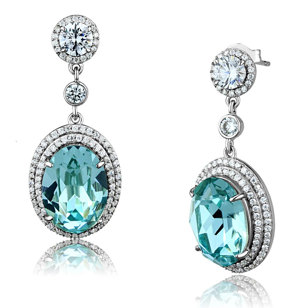 TS508 Rhodium 925 Sterling Silver Earrings featuring sea blue top grade crystals, elegantly designed for any occasion.
