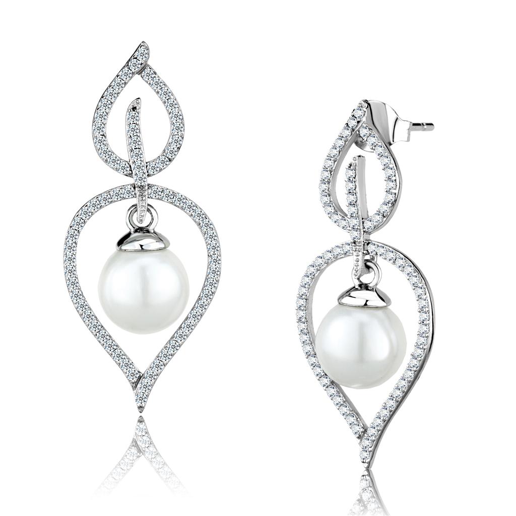 TS510 Rhodium 925 Sterling Silver Earrings featuring white semi-precious glass beads, showcasing elegance and craftsmanship.