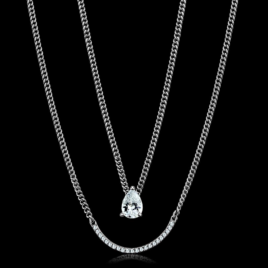 TS514 Rhodium 925 Sterling Silver Necklace featuring AAA Grade Clear CZ stone, showcasing its elegant design and high-quality materials.