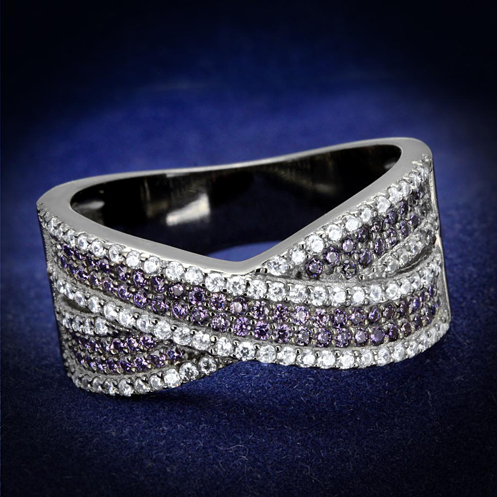 TS522 Ruthenium 925 Sterling Silver Ring featuring AAA Grade CZ in amethyst color, showcasing its elegant design and high-quality craftsmanship.