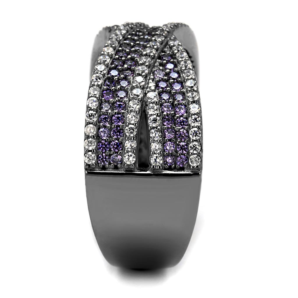 TS522 Ruthenium 925 Sterling Silver Ring featuring AAA Grade CZ in amethyst color, showcasing its elegant design and high-quality craftsmanship.