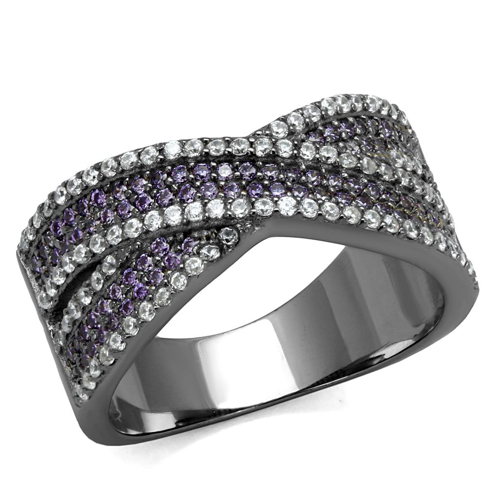 TS522 Ruthenium 925 Sterling Silver Ring featuring AAA Grade CZ in amethyst color, showcasing its elegant design and high-quality craftsmanship.