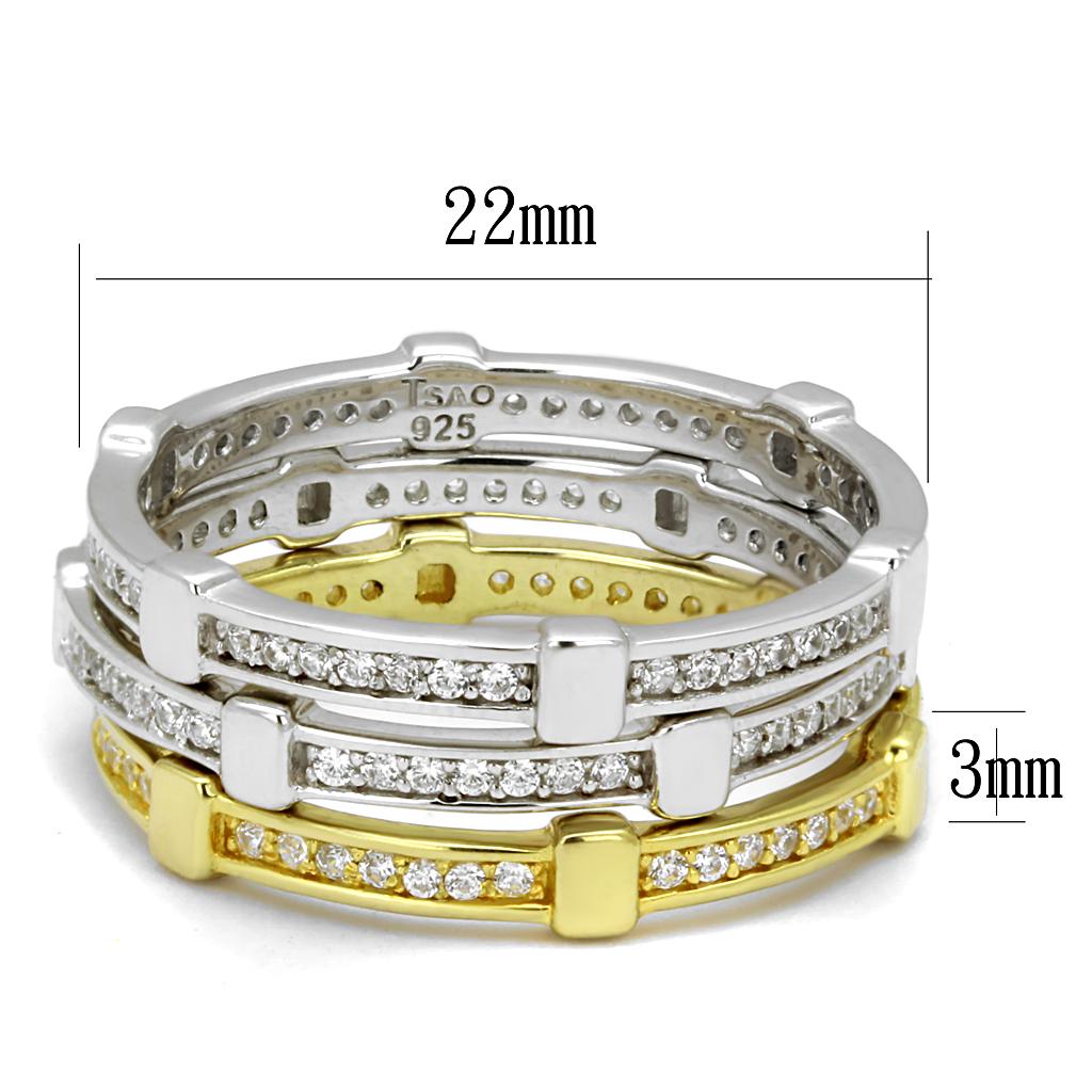 TS527 Gold and Rhodium 925 Sterling Silver Ring featuring a clear AAA Grade CZ stone, showcasing a luxurious and elegant design.
