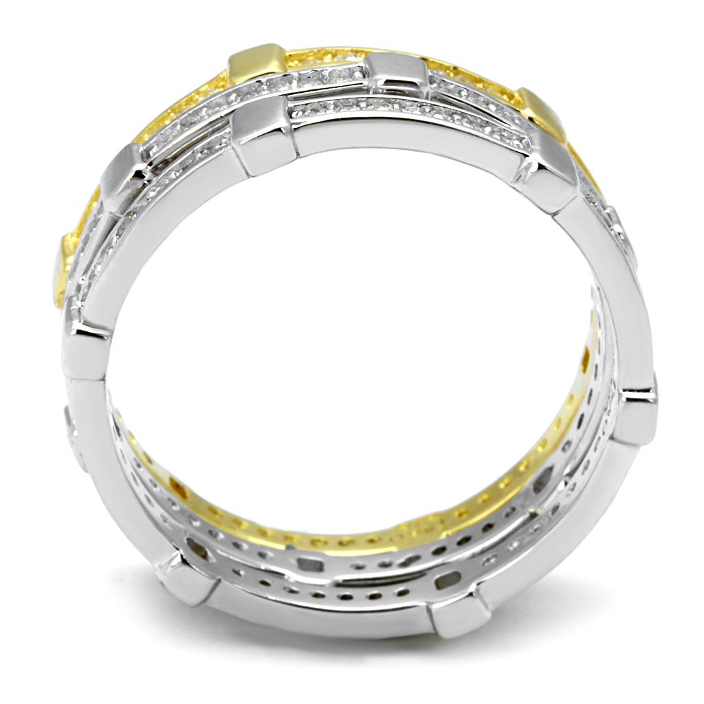 TS527 Gold and Rhodium 925 Sterling Silver Ring featuring a clear AAA Grade CZ stone, showcasing a luxurious and elegant design.