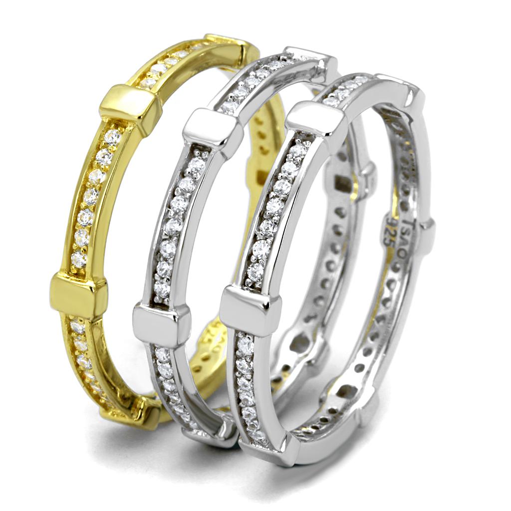 TS527 Gold and Rhodium 925 Sterling Silver Ring featuring a clear AAA Grade CZ stone, showcasing a luxurious and elegant design.