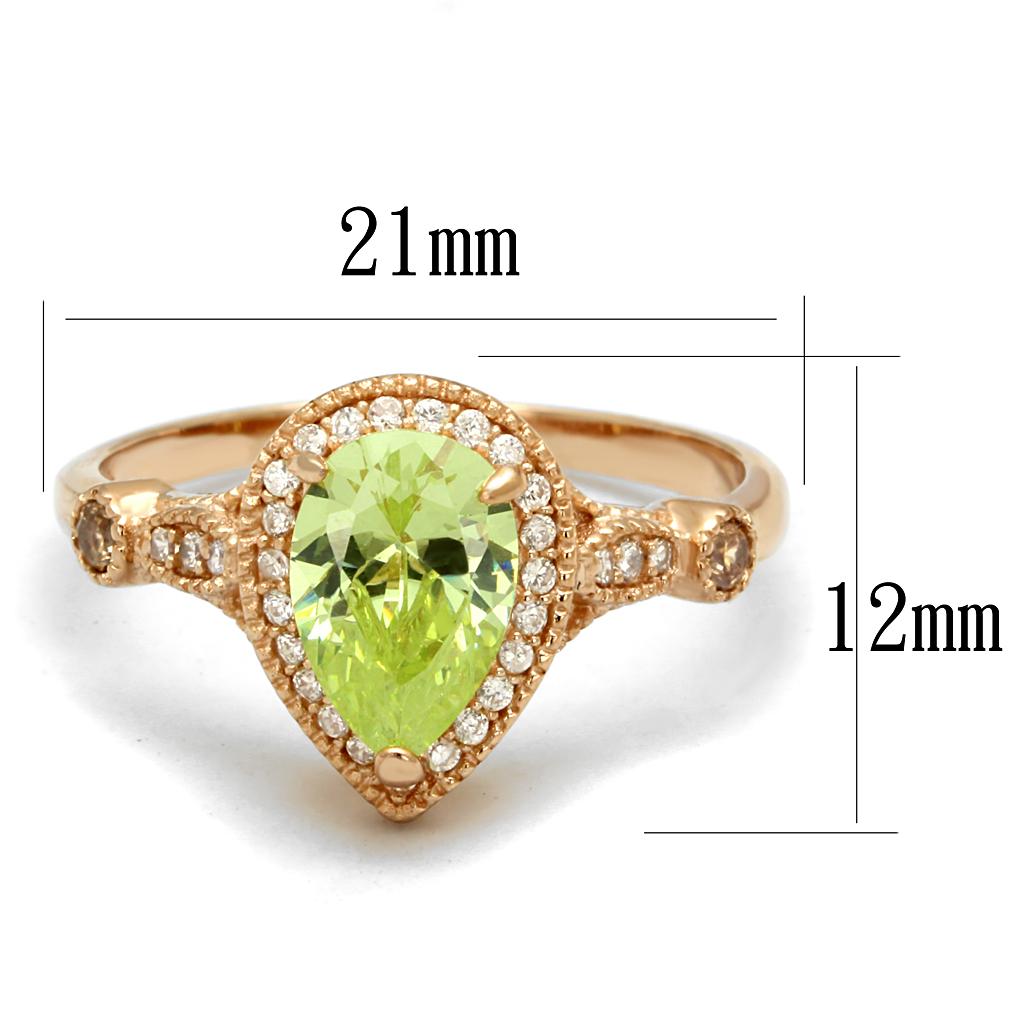 TS538 Rose Gold 925 Sterling Silver Ring featuring AAA Grade CZ in vibrant apple green color, showcasing its elegant design.
