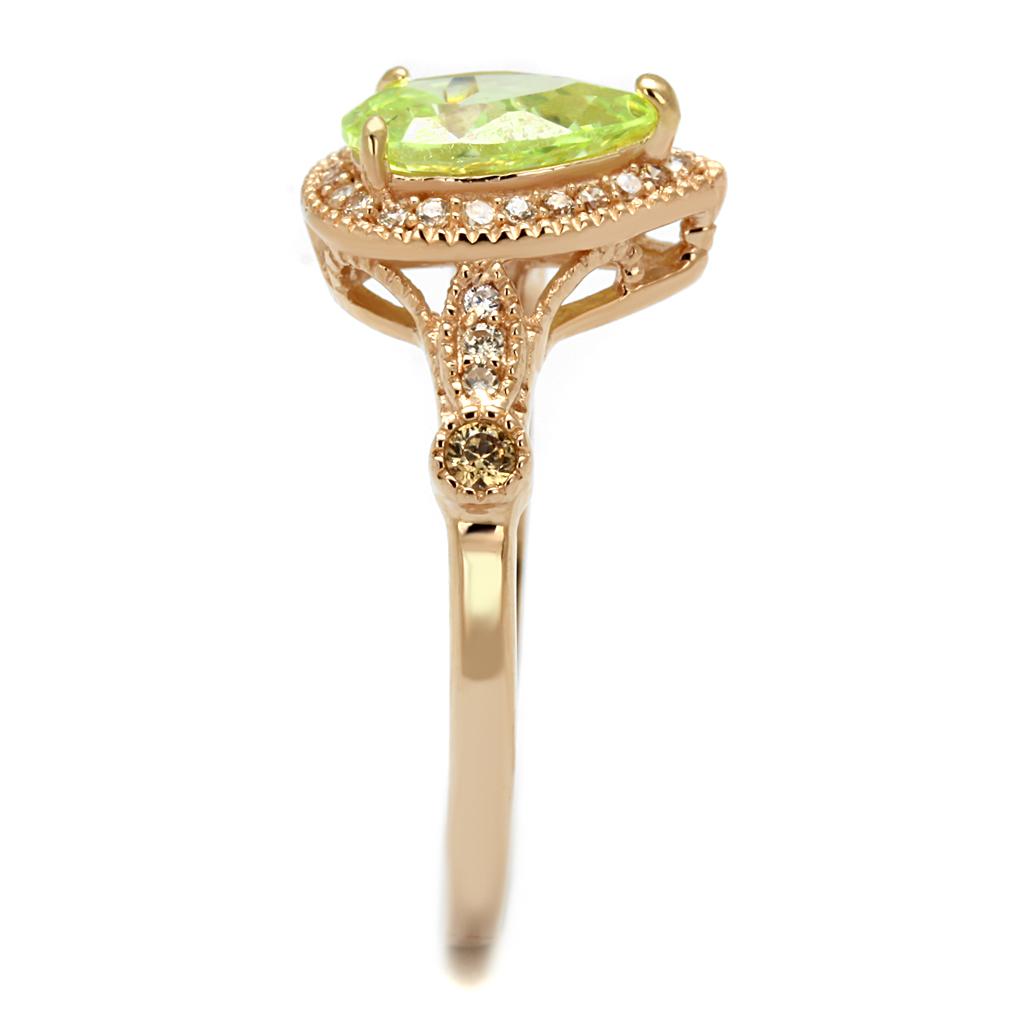 TS538 Rose Gold 925 Sterling Silver Ring featuring AAA Grade CZ in vibrant apple green color, showcasing its elegant design.
