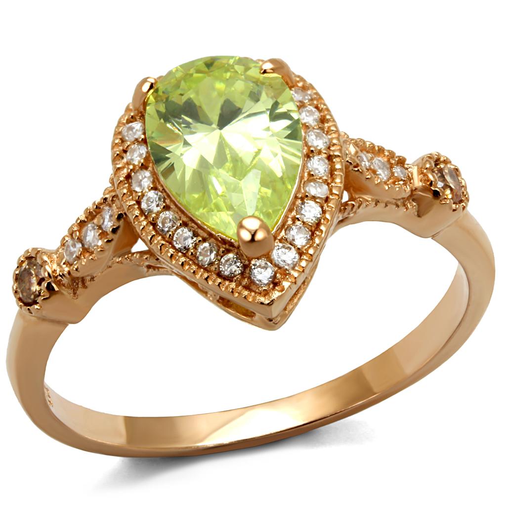 TS538 Rose Gold 925 Sterling Silver Ring featuring AAA Grade CZ in vibrant apple green color, showcasing its elegant design.