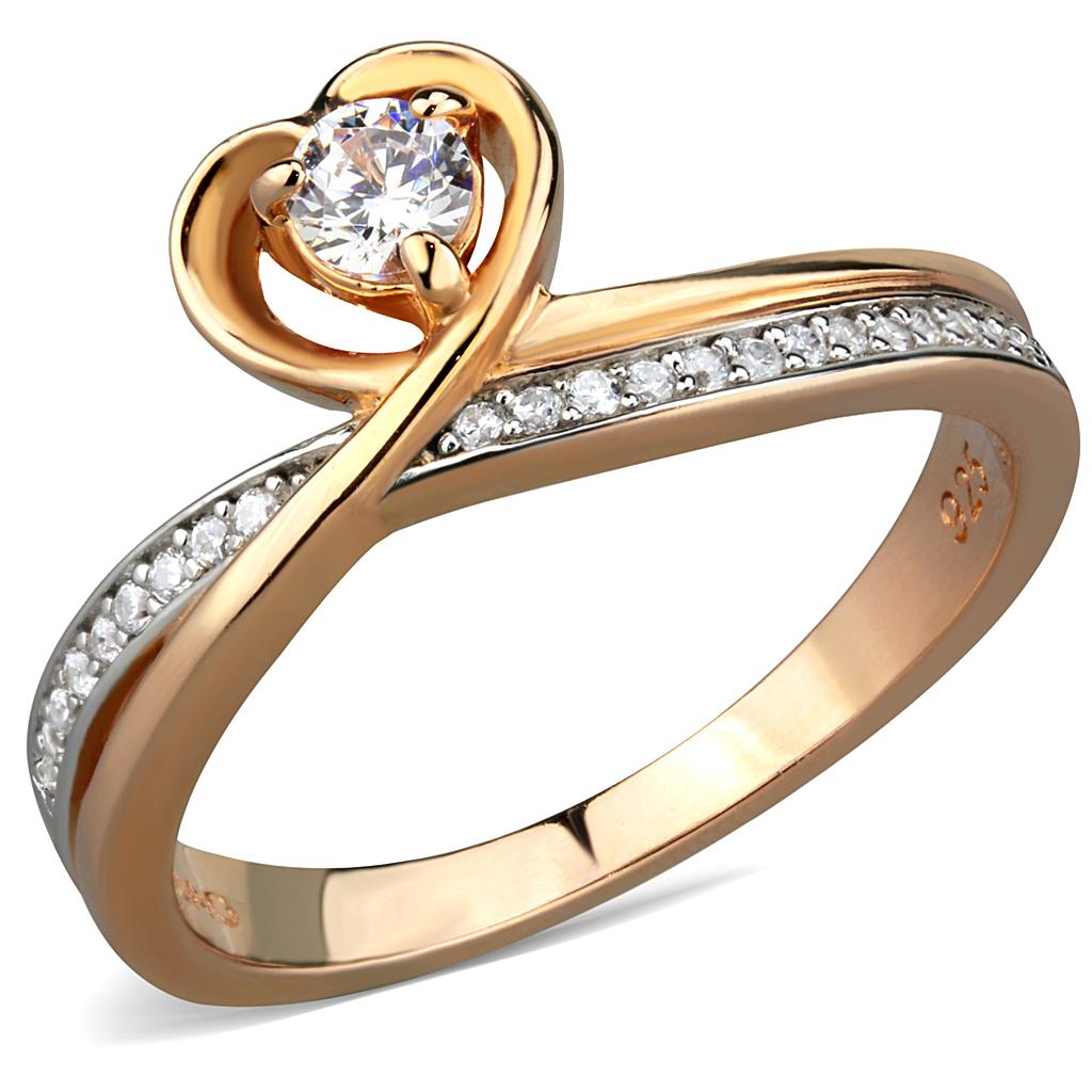TS544 Rose Gold and Rhodium 925 Sterling Silver Ring featuring a clear AAA Grade CZ stone, showcasing elegance and luxury.