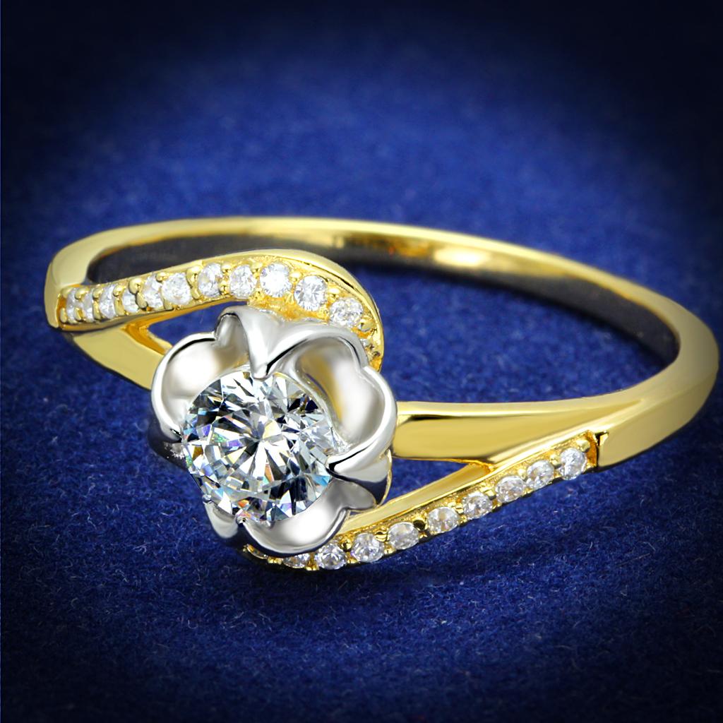 TS542 Gold and Rhodium 925 Sterling Silver Ring featuring a clear AAA Grade CZ stone, showcasing elegance and craftsmanship.