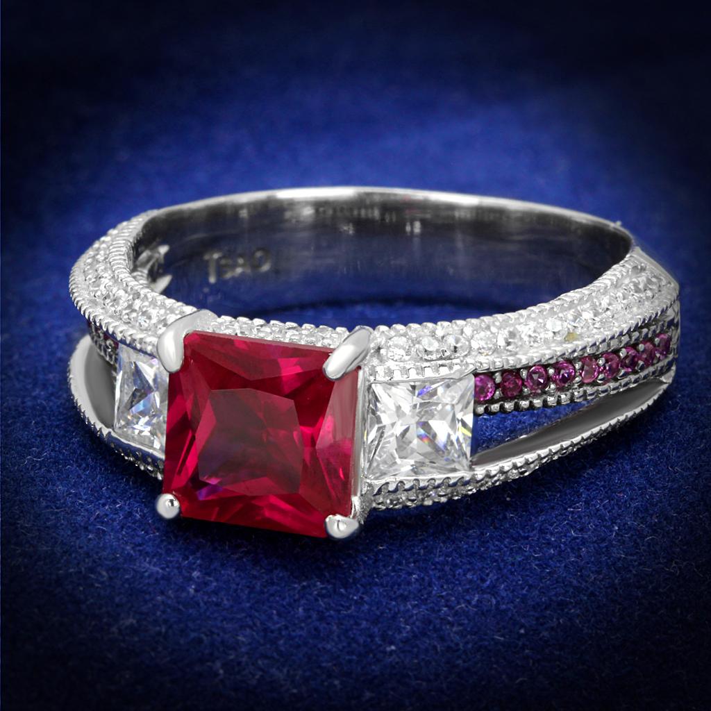 TS545 Rhodium + Ruthenium 925 Sterling Silver Ring featuring AAA Grade CZ in Ruby color, showcasing its elegant design and sparkling center stone.