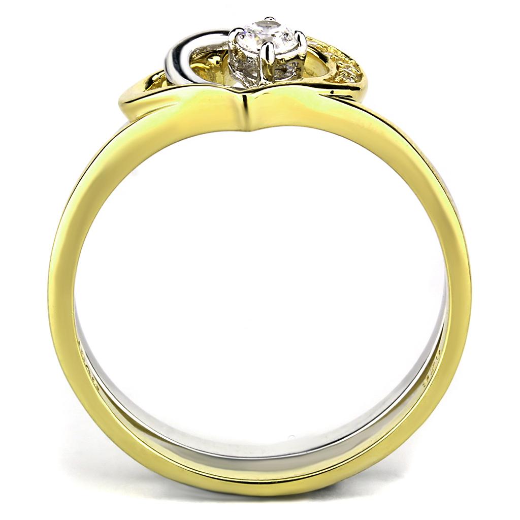 TS565 Gold and Rhodium 925 Sterling Silver Ring featuring a clear AAA Grade CZ stone, showcasing its elegant design and luxurious finish.