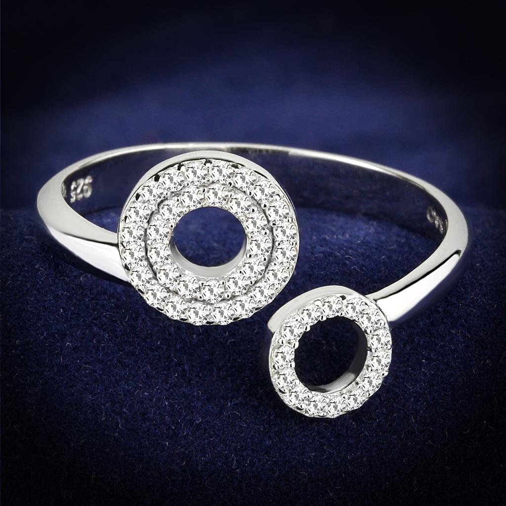 TS567 Rhodium 925 Sterling Silver Ring featuring a clear AAA Grade CZ stone, showcasing its elegant design and shiny finish.